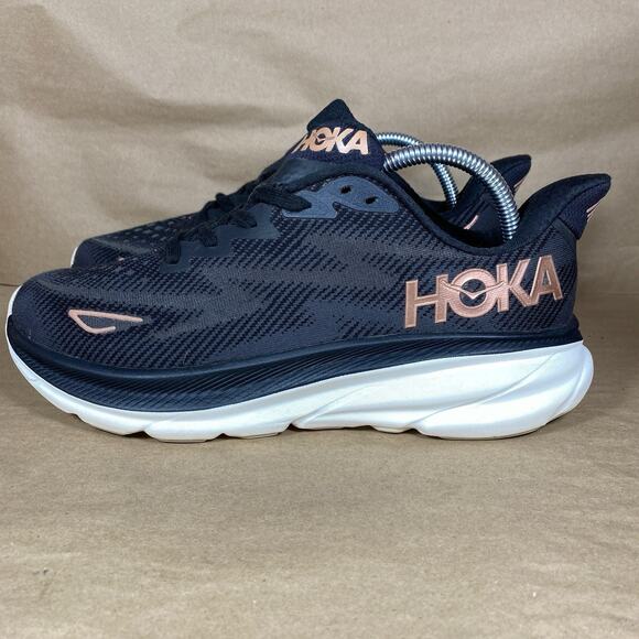 Hoka One One Shoes - Hoka One One Clifton 9 Women Sz 9.5B Black Rose Gold Running Sneaks 1127896 BRGL